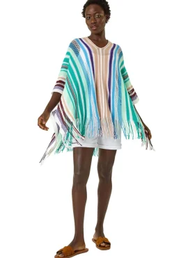 Roman Aqua Multi Stripe Knit Poncho