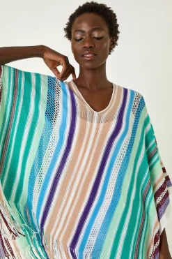 Roman Aqua Multi Stripe Knit Poncho