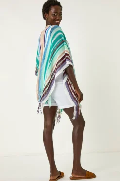 Roman Aqua Multi Stripe Knit Poncho