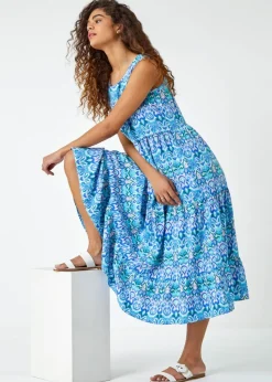 Roman Aqua Sleeveless Aztec Print Smock Midi Dress