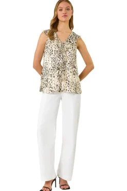 Roman Beige Animal Print Ruffle Front Vest Top
