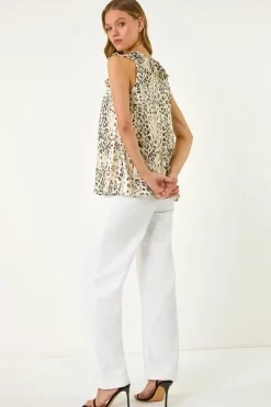 Roman Beige Animal Print Ruffle Front Vest Top