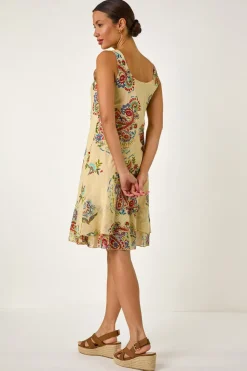Roman Beige Paisley Double Layered Mini Dress