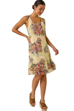 Roman Beige Paisley Double Layered Mini Dress