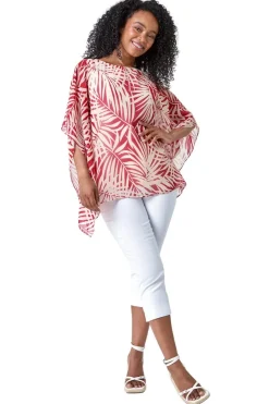 Roman Beige Petite Leaf Print Overlay Top