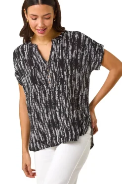 Roman Black Abstract Print V-Neck Button Top
