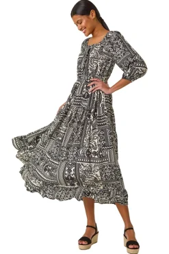 Roman Black Abstract Print Shirred Midi Dress