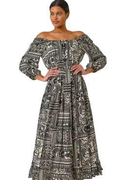 Roman Black Abstract Print Shirred Midi Dress
