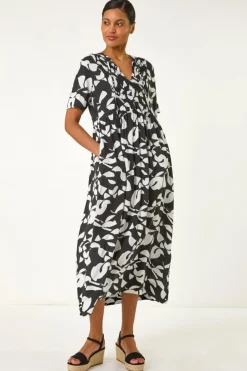 Roman Black Abstract Print Tie Front Midi Dress