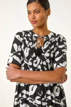 Roman Black Abstract Print Tie Front Midi Dress