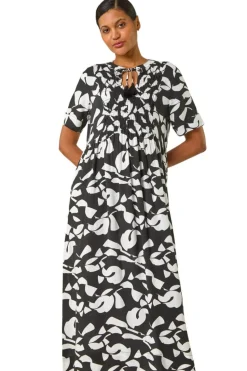 Roman Black Abstract Print Tie Front Midi Dress
