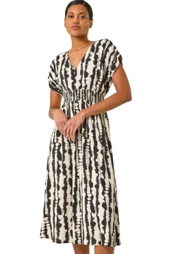 Roman Black Abstract Print Shirred Midi Dress