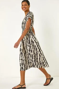 Roman Black Abstract Print Shirred Midi Dress