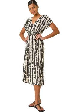 Roman Black Abstract Print Shirred Midi Dress