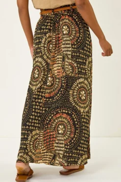 Roman Black Abstract Print Belted A-Line Skirt