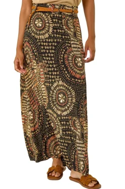 Roman Black Abstract Print Belted A-Line Skirt