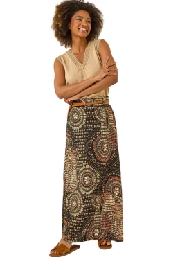 Roman Black Abstract Print Belted A-Line Skirt