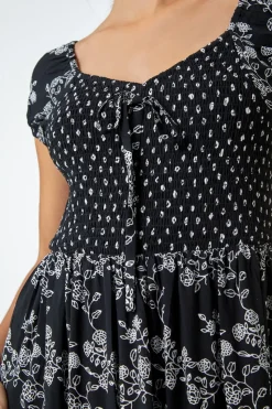 Roman Black Abstract Tie Detail Tiered Maxi Dress