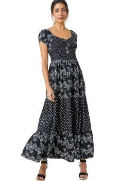 Roman Black Abstract Tie Detail Tiered Maxi Dress