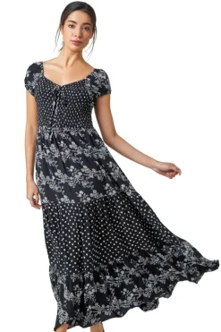 Roman Black Abstract Tie Detail Tiered Maxi Dress