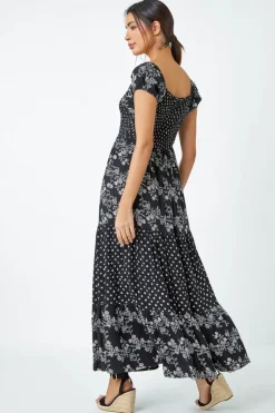 Roman Black Abstract Tie Detail Tiered Maxi Dress