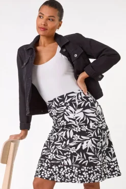 Roman Black A-Line Palm Mono Print Skirt