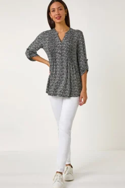 Roman Black Animal Print Pintuck Shirt