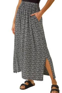 Roman Black Animal Print Split Stretch Skirt