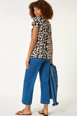 Roman Black Animal Print V Neck Stretch Top