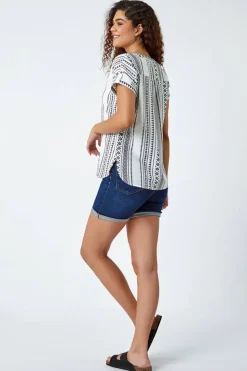 Roman Black Aztec Print Button V-Neck Detail Top