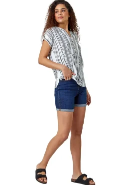 Roman Black Aztec Print Button V-Neck Detail Top