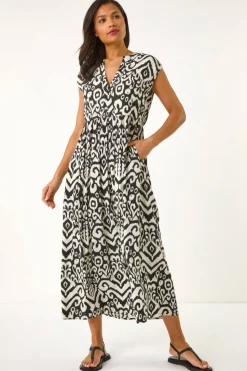 Roman Black Aztec Print Midi Smock Dress