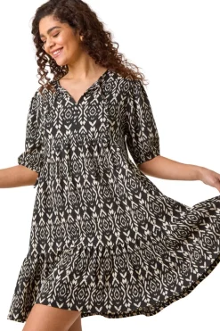 Roman Black Aztec Tie Front Smock Dress