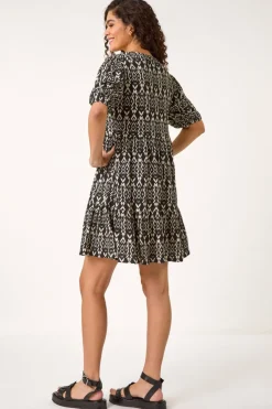 Roman Black Aztec Tie Front Smock Dress