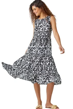 Roman Black  Baroque Tiered Smock Midi Dress