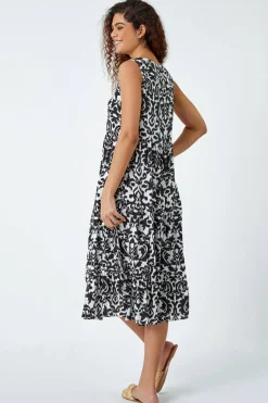 Roman Black  Baroque Tiered Smock Midi Dress