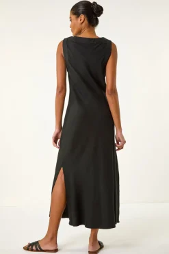 Roman Black Bias Linen Mix Midi Dress
