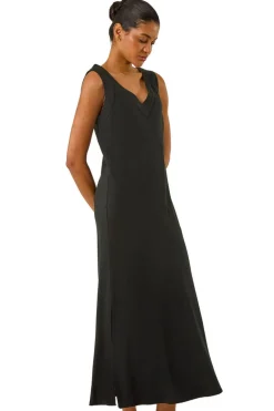 Roman Black Bias Linen Mix Midi Dress