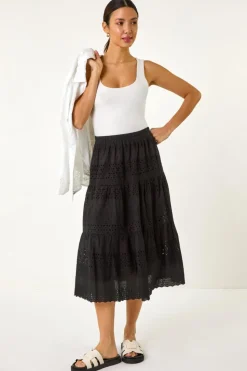 Roman Black Broderie Cotton A Line Midi Skirt