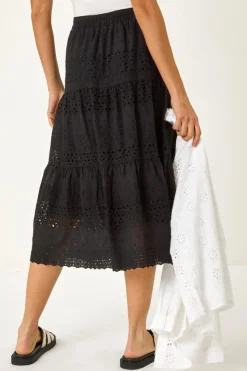 Roman Black Broderie Cotton A Line Midi Skirt