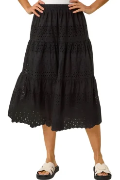 Roman Black Broderie Cotton A Line Midi Skirt
