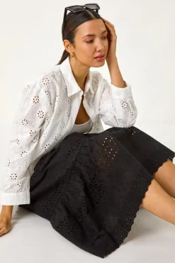 Roman Black Broderie Cotton A Line Midi Skirt