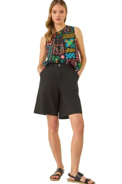 Roman Black Buttoned Wide Leg Stretch Shorts