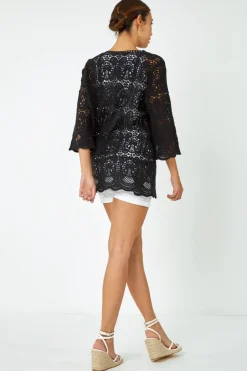 Roman Black Cotton Crochet Tunic Top