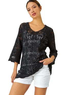 Roman Black Cotton Crochet Tunic Top