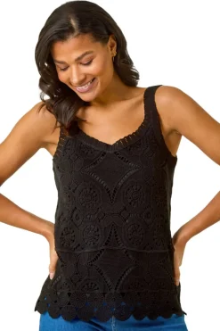 Roman Black Cotton Crochet Knit Vest Top