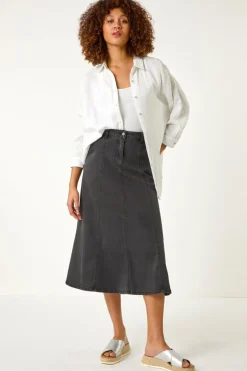 Roman Black Cotton Denim Panelled Midi Skirt