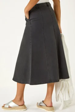 Roman Black Cotton Denim Panelled Midi Skirt
