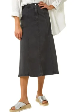 Roman Black Cotton Denim Panelled Midi Skirt