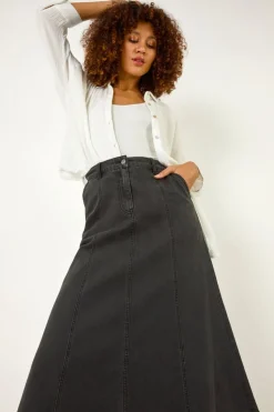 Roman Black Cotton Denim Panelled Midi Skirt